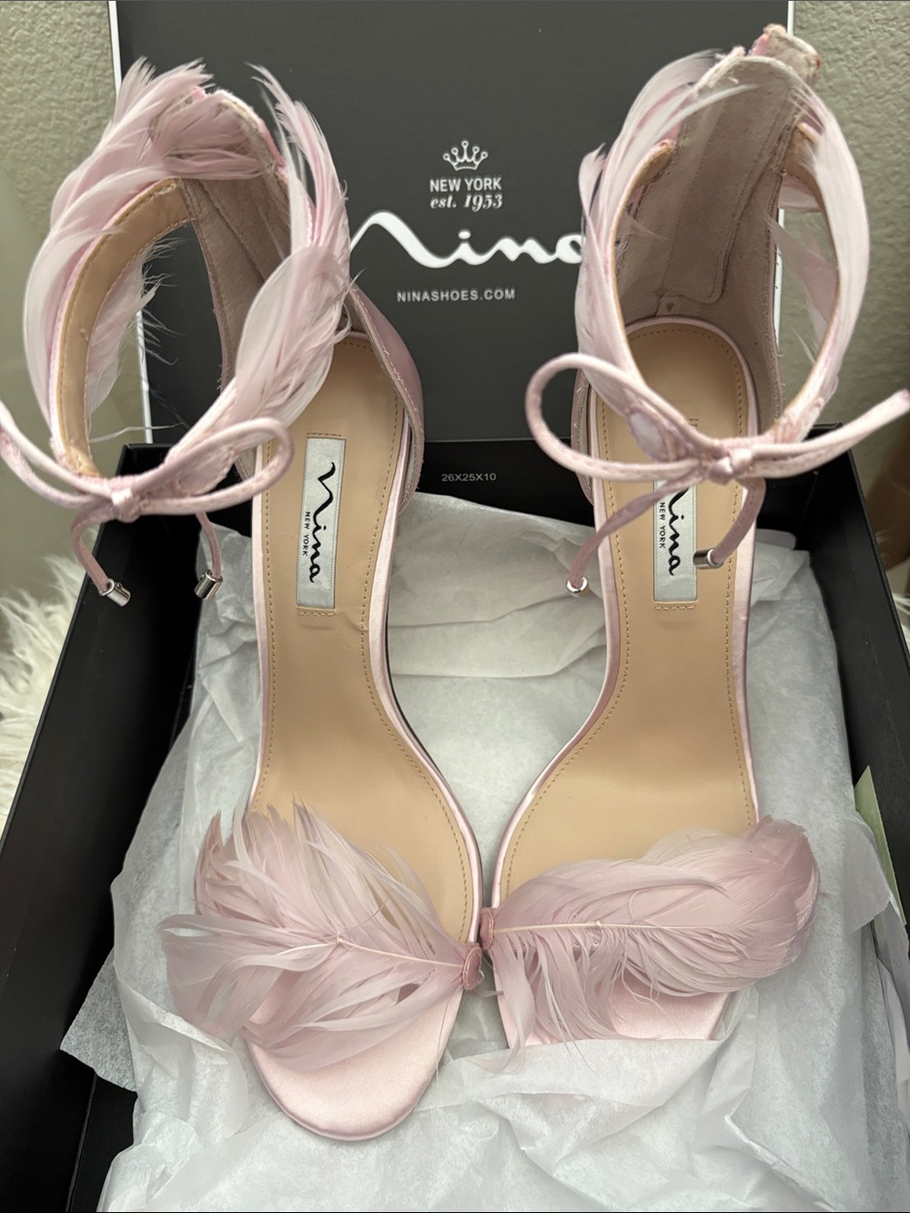 Nina Blush Feather Ankle-Tie Heels